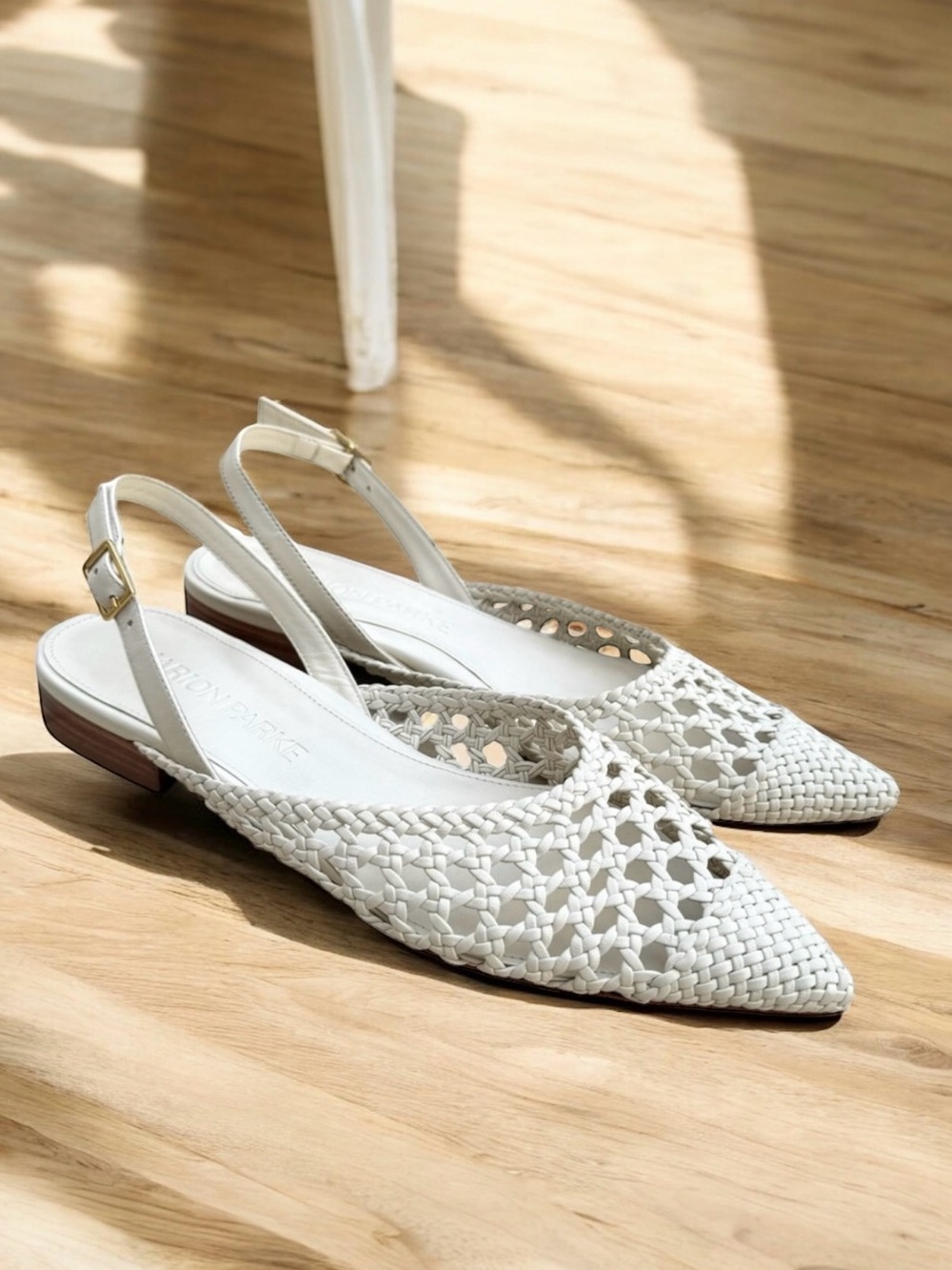 MARION PARKE Patty Slingback Flat Sandals White Braided Leather